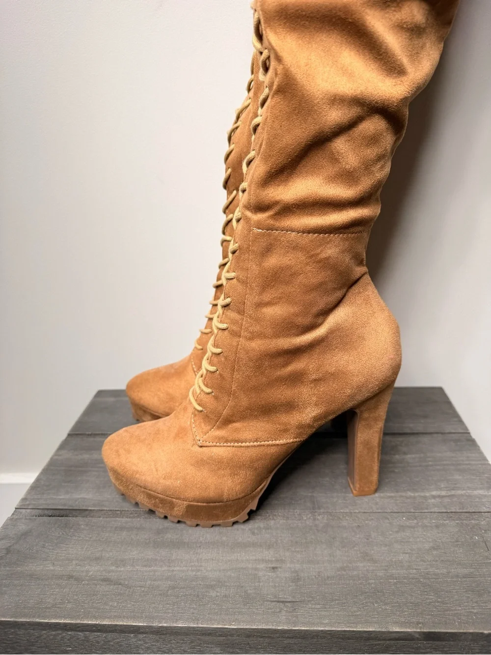 Shoe Dazzle Cognac Lace-Up Over-the-Knee Heeled Boots